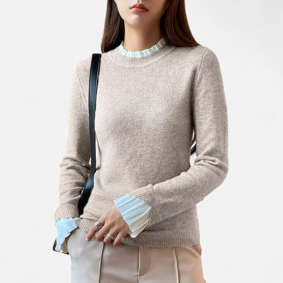 Solenne | Women’s Lettuce-Trim Crew-Neck Sweater