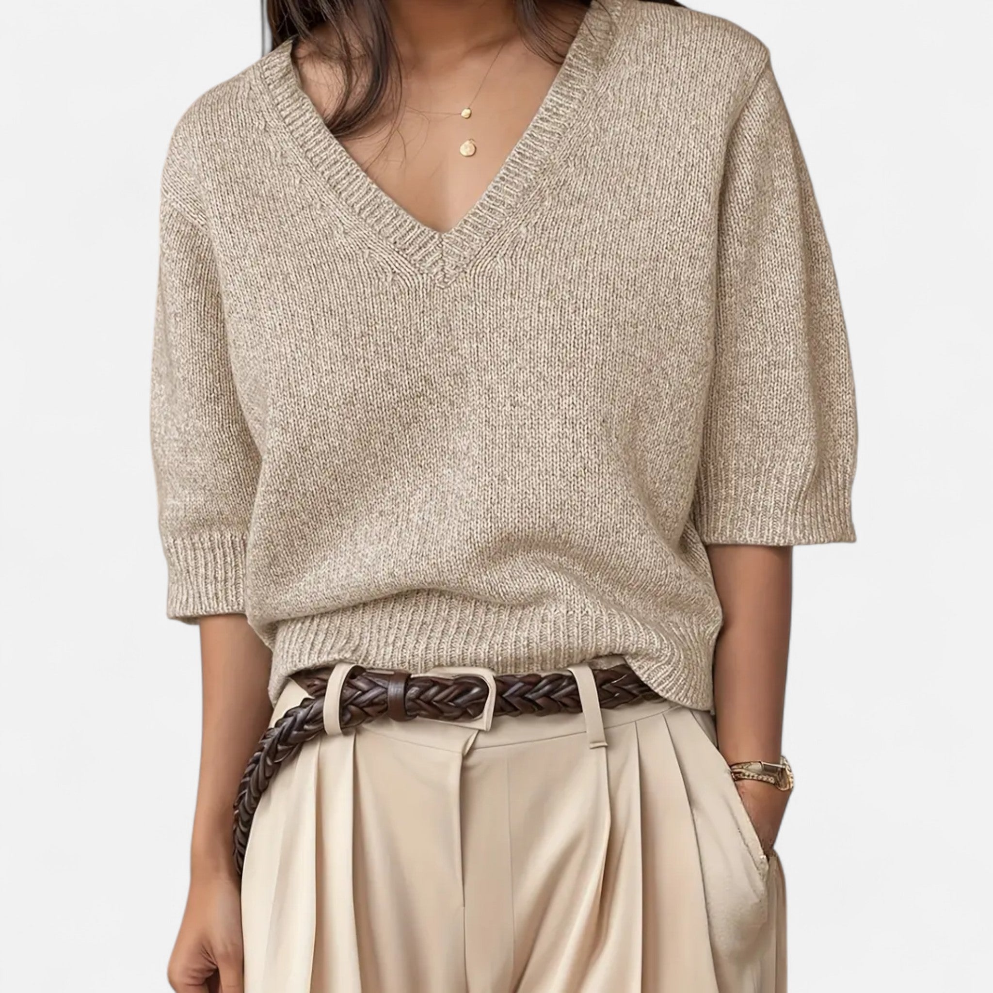 Solenne | Women’s V-Neck Rib-Knit Short-Sleeve Sweater