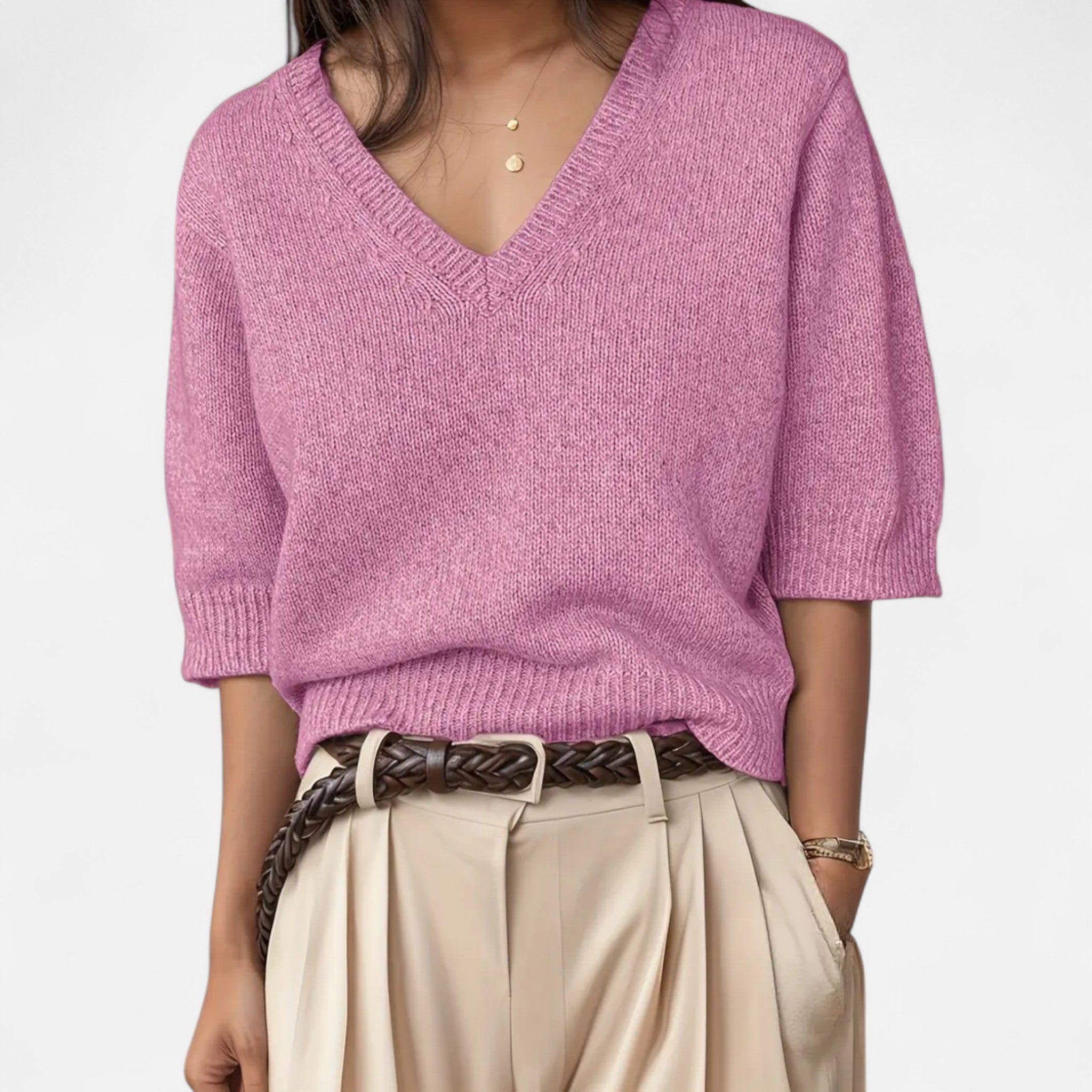 Solenne | Women’s V-Neck Rib-Knit Short-Sleeve Sweater