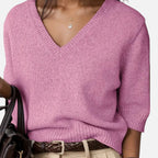 Solenne | Women’s V-Neck Rib-Knit Short-Sleeve Sweater