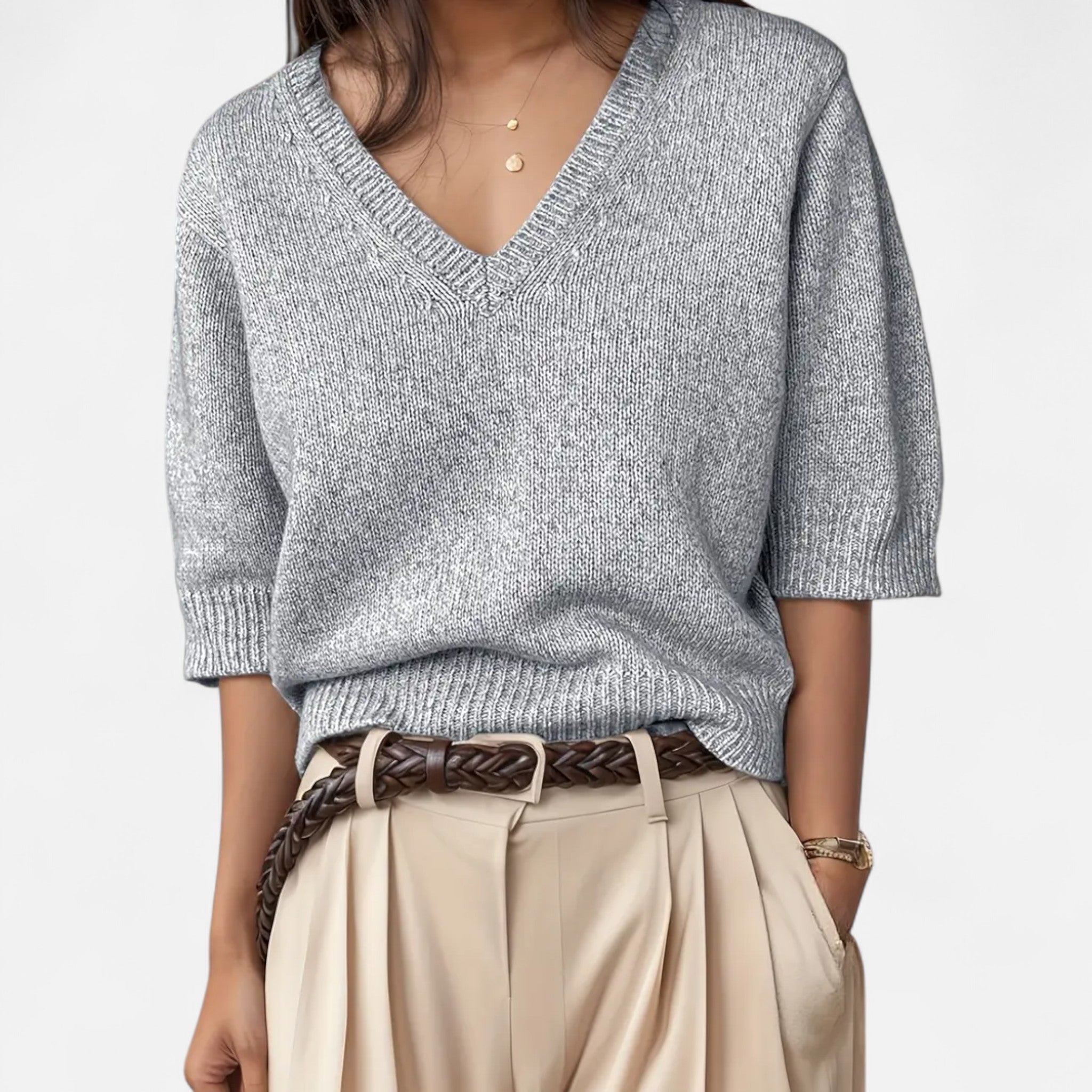 Solenne | Women’s V-Neck Rib-Knit Short-Sleeve Sweater