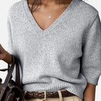 Solenne | Women’s V-Neck Rib-Knit Short-Sleeve Sweater