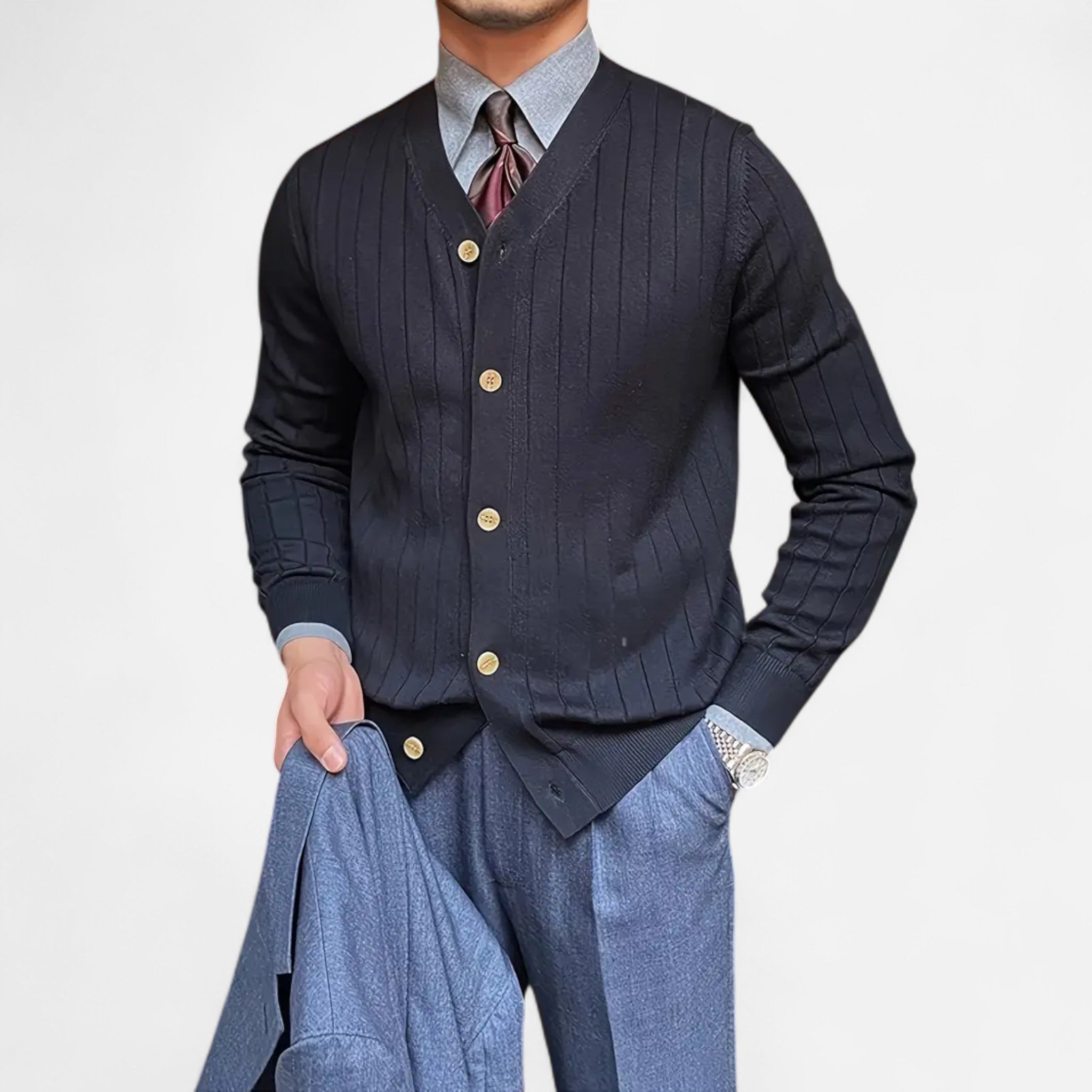 Solenne | Men’s Wool V-Neck Button-Front Cardigan