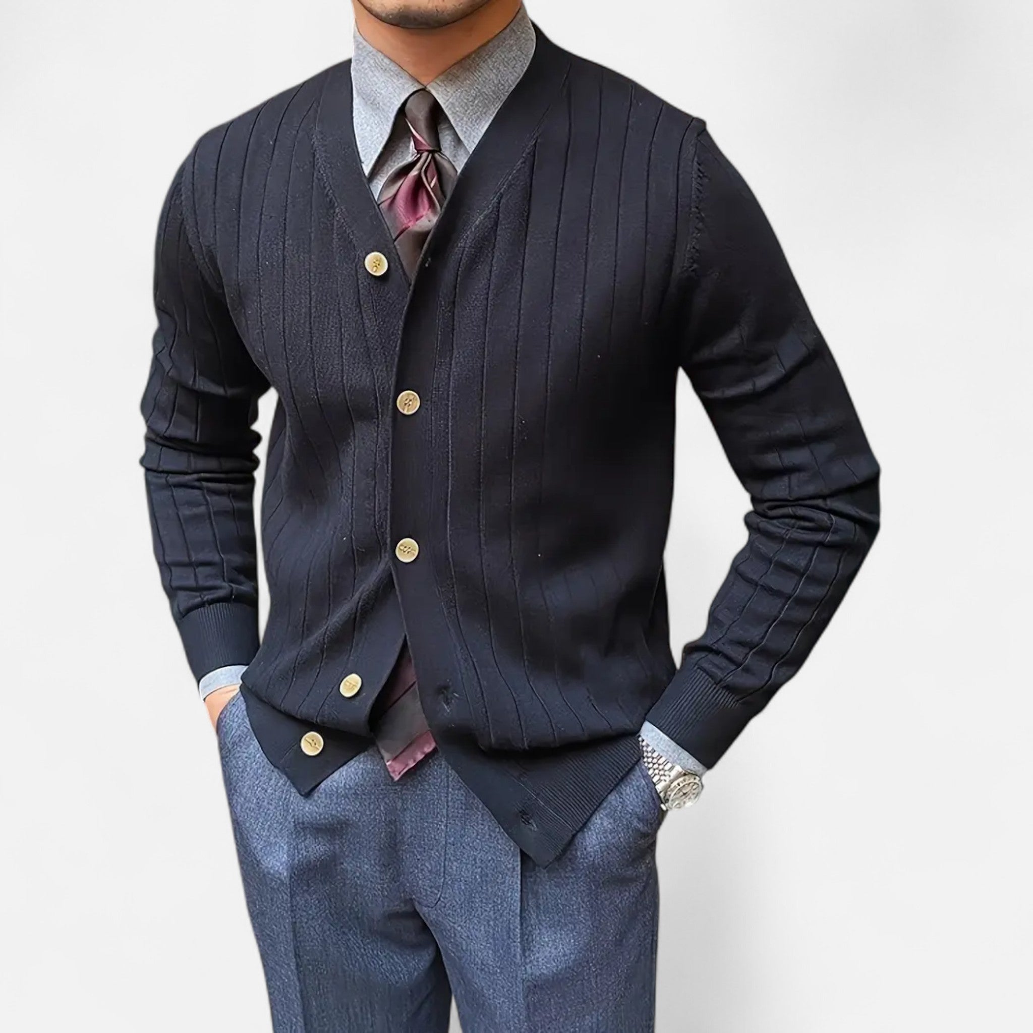 Solenne | Men’s Wool V-Neck Button-Front Cardigan
