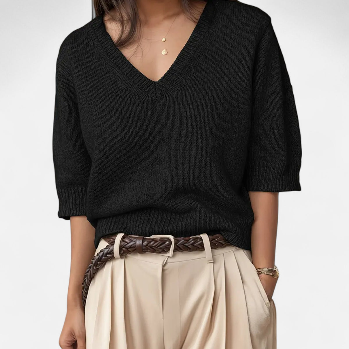 Solenne | Women’s V-Neck Rib-Knit Short-Sleeve Sweater